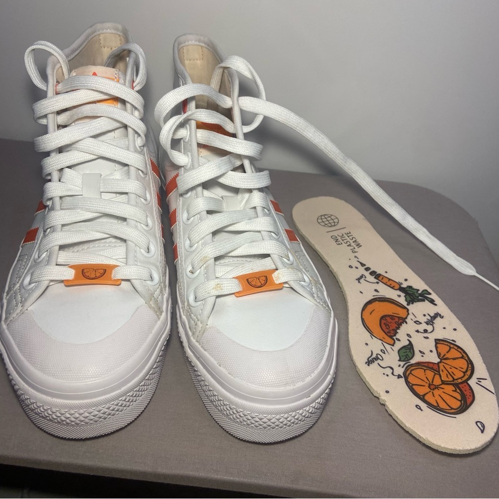 adidas Women's 7.5 Nizza Platform Mid Her Vegan Sneakers in White Bliss Orange - Picture 3 of 8